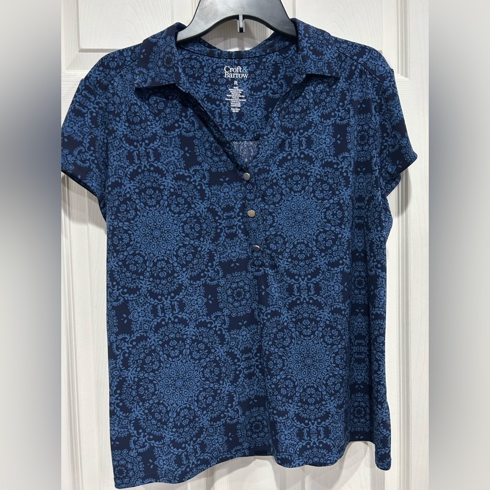 Croft & Barrow Women's Petite Large Shirred Shoulder Popover Blouse Blue NWT